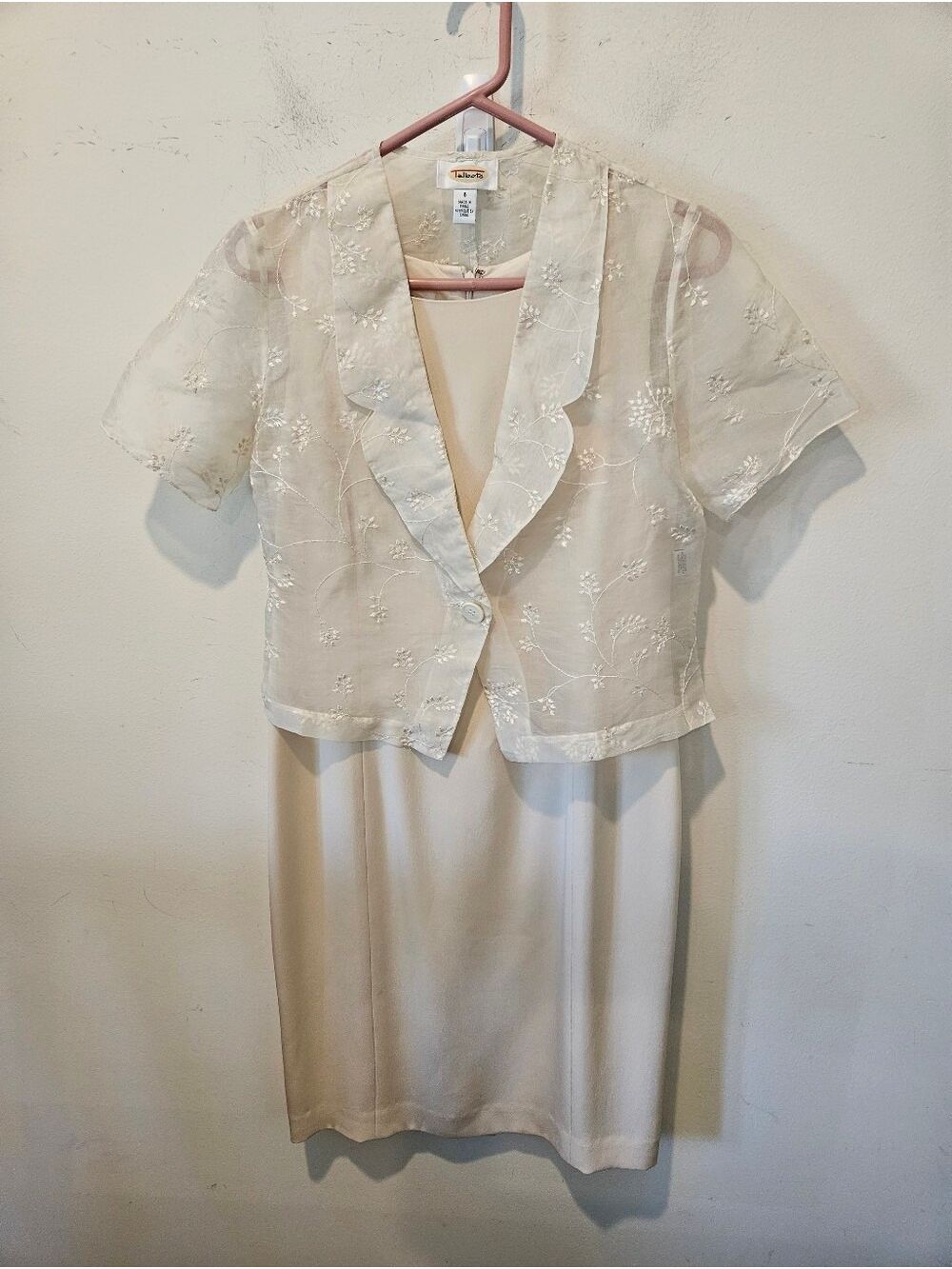 Women's Talbots Silk Cream Sheath Dress With Embroidered Sheerjacket Set Size 6